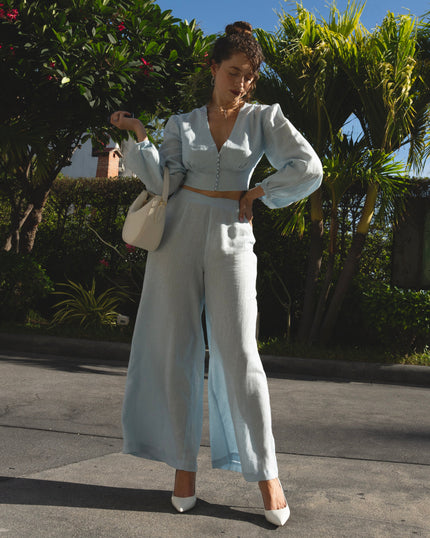Baby Blue Linen Dress – 3/4 Sleeves | ZALXNDRA