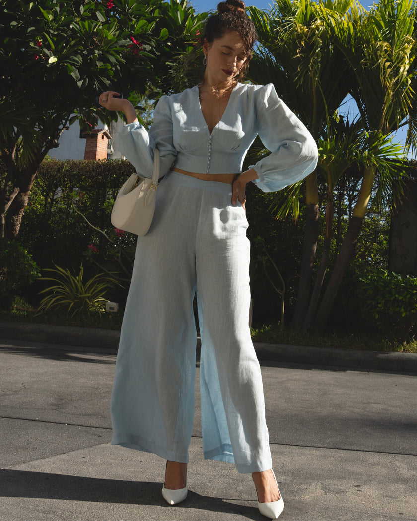 Baby Blue Linen V-Neck Crop Top and Palazzo Pants Co-ord Set