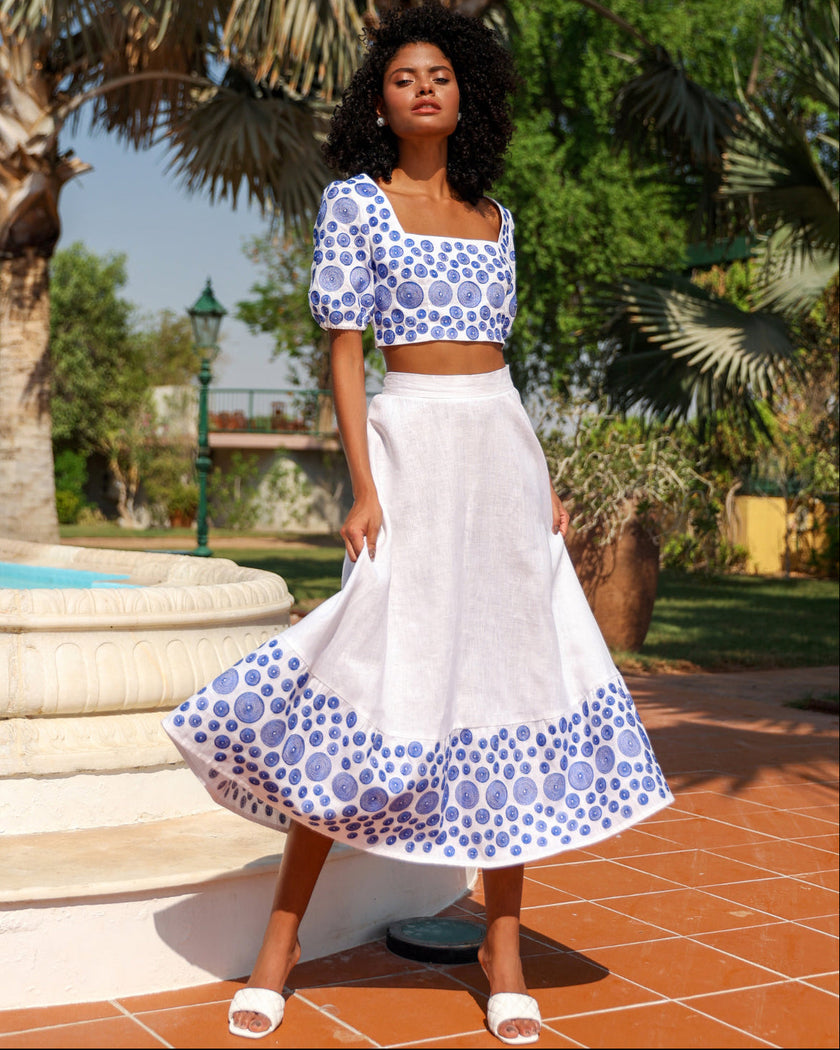 White Blue Circle Embroidered Linen Crop Top & Maxi Skirt Set