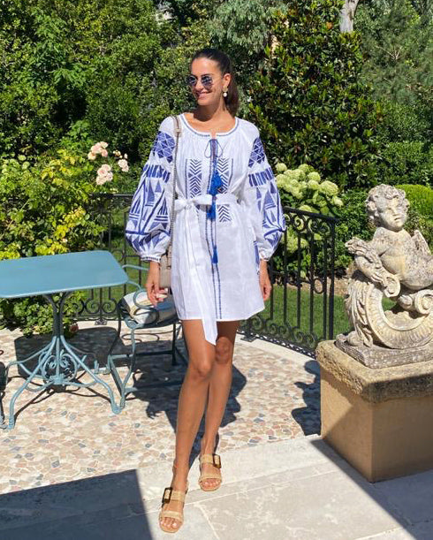 White Embroidered Linen Mini Dress – Balloon Sleeves | ZALXNDRA