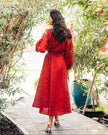 Cherry red linen kaftan maxi dress with white embroidery, balloon sleeves and self-tie belt, garden back view - Zalxndra Resort
