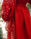 Cherry red linen kaftan maxi dress with white embroidery, balloon sleeves and self-tie belt, embroidery detail view - Zalxndra Resort