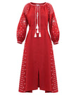 Cherry red linen kaftan maxi dress with white embroidery, balloon sleeves, tassel tie neckline and self-tie belt, front view - Zalxndra Resort