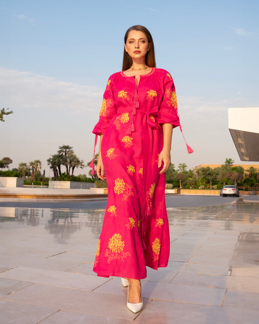 Fuchsia Embroidered Linen Maxi Dress | ZALXNDRA