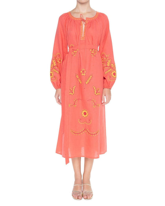 Coral Embroidered Linen Maxi Dress – Balloon Sleeves | ZALXNDRA