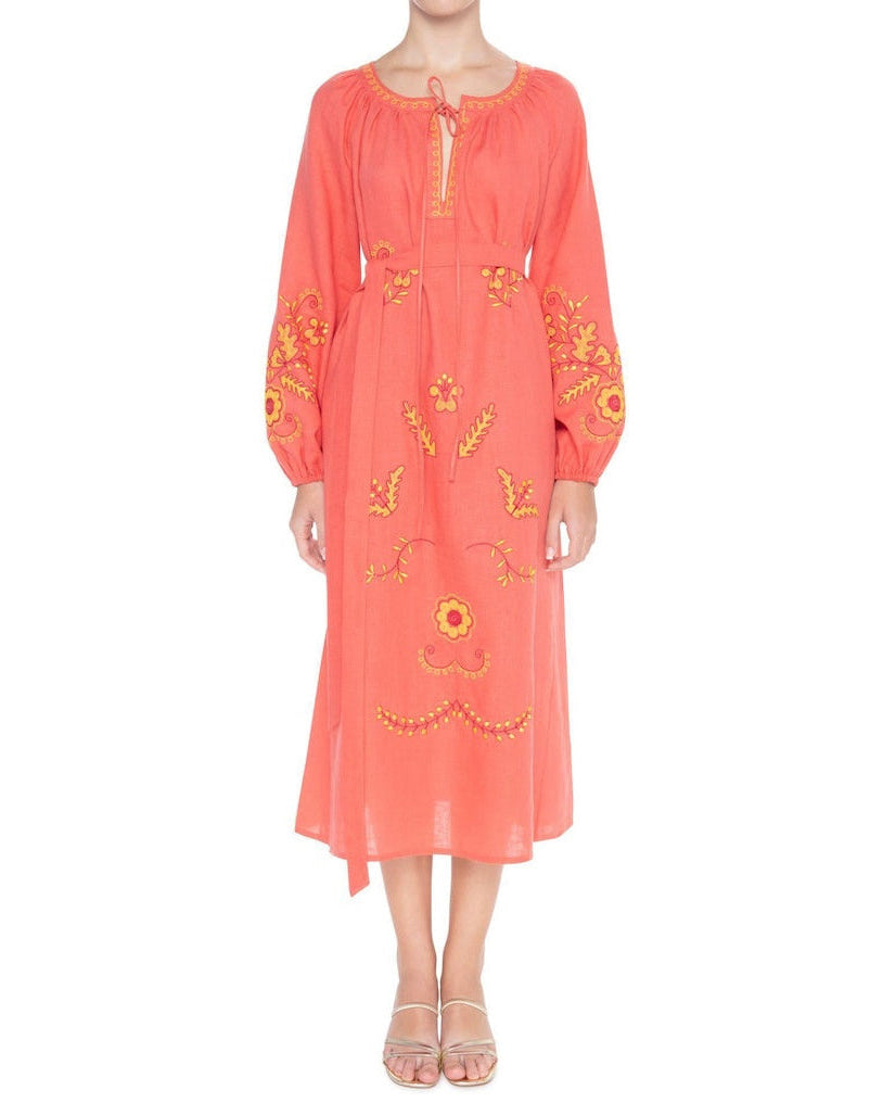 Coral and Yellow Floral Embroidered Linen Kaftan Maxi Dress with Balloon Sleeves