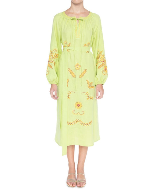 Pistachio Green Embroidered Linen Maxi Dress – Balloon Sleeves