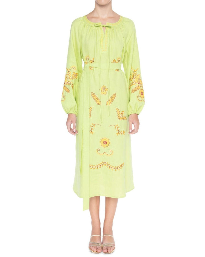 Pistachio Green and Yellow Floral Embroidered Linen Kaftan Maxi Dress with Balloon Sleeves