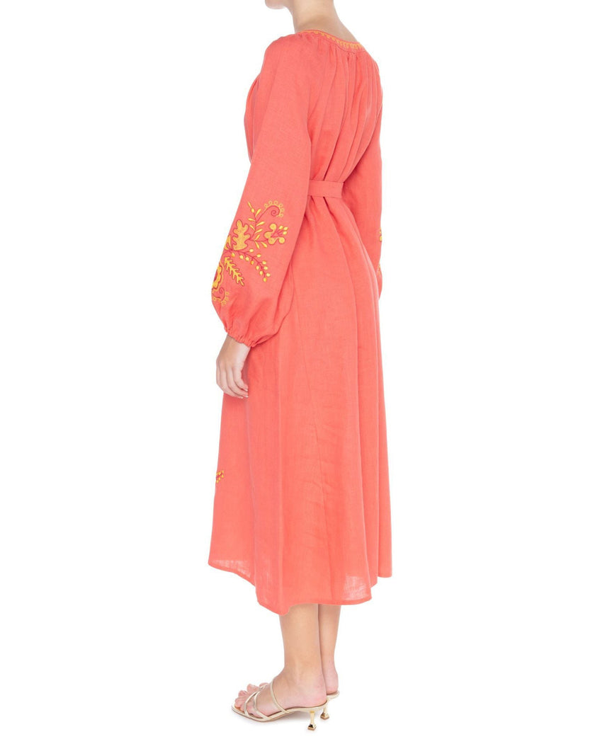Coral and Yellow Floral Embroidered Linen Kaftan Maxi Dress with Balloon Sleeves