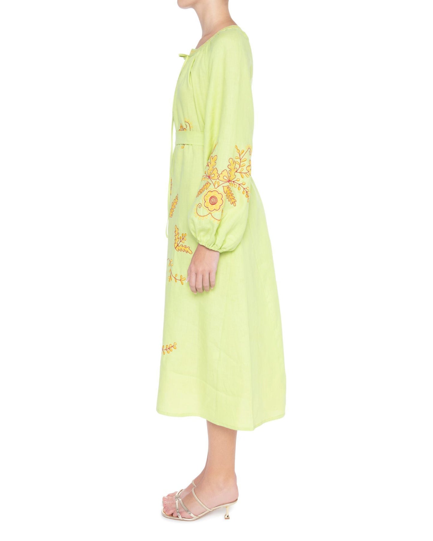 Pistachio Green Embroidered Linen Maxi Dress – Balloon Sleeves