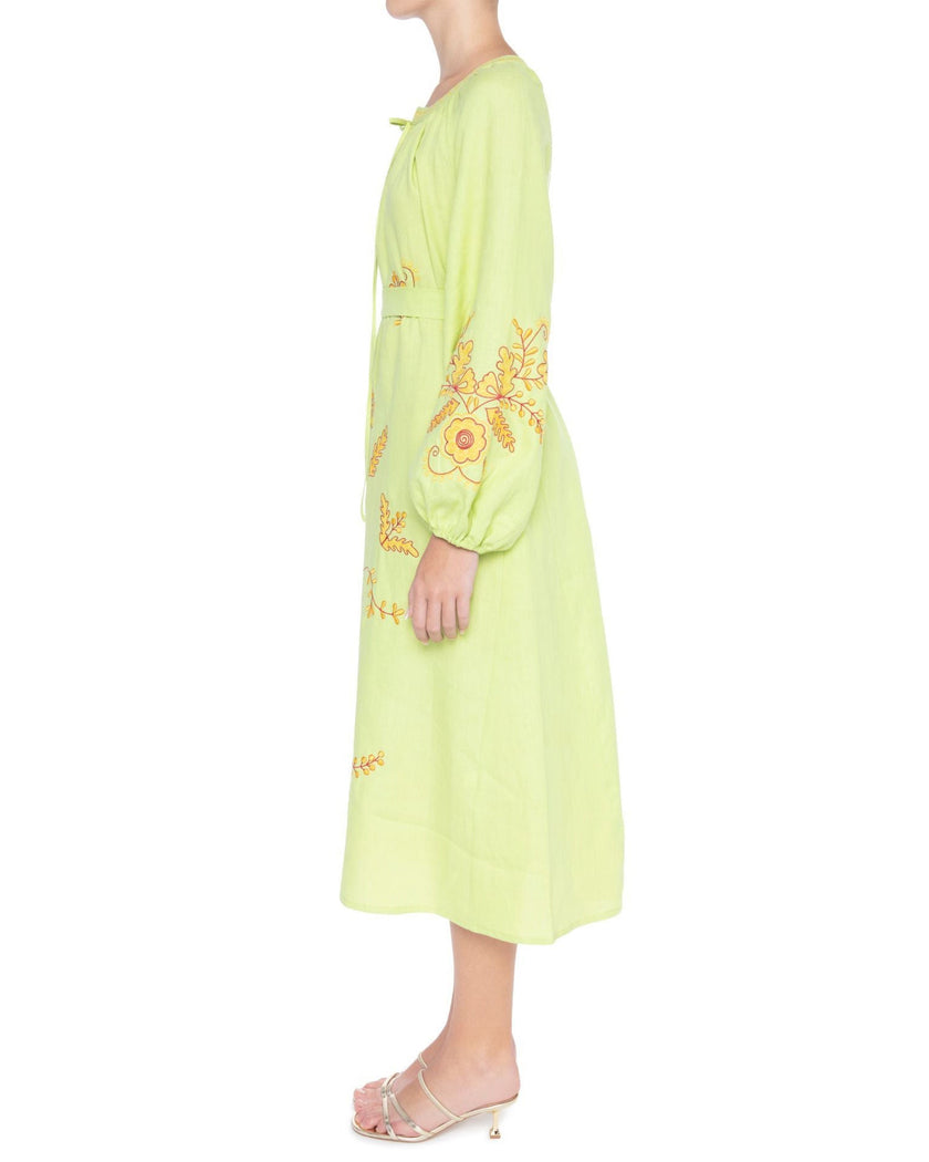 Pistachio Green and Yellow Floral Embroidered Linen Kaftan Maxi Dress with Balloon Sleeves