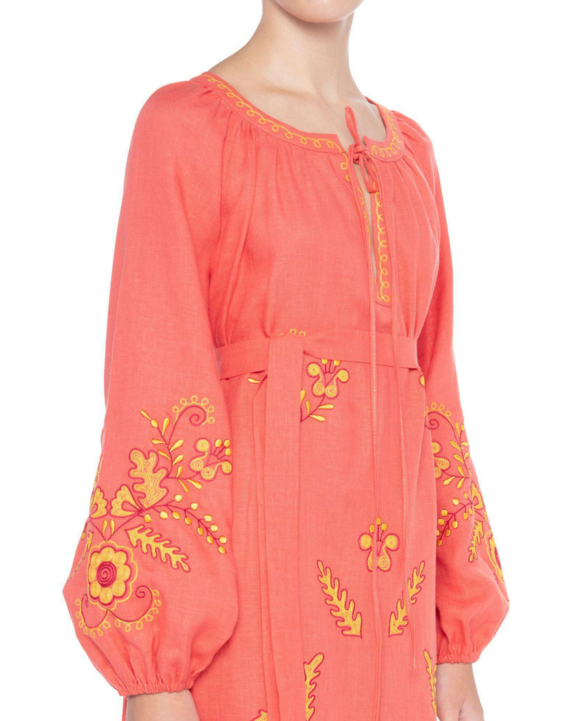 Coral and Yellow Floral Embroidered Linen Kaftan Maxi Dress with Balloon Sleeves