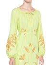 Pistachio Green Embroidered Linen Maxi Dress – Balloon Sleeves