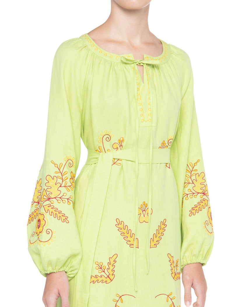 Pistachio Green and Yellow Floral Embroidered Linen Kaftan Maxi Dress with Balloon Sleeves