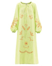 Pistachio Green Embroidered Linen Maxi Dress – Balloon Sleeves