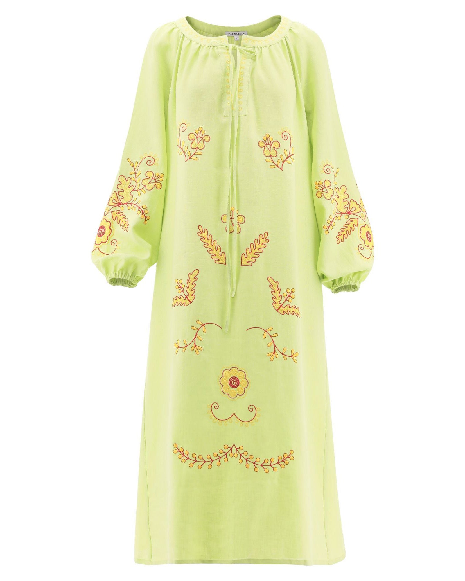 Pistachio Green Embroidered Linen Maxi Dress – Balloon Sleeves
