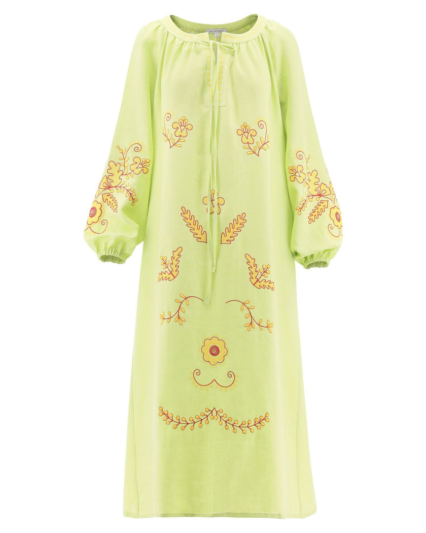 Pistachio Green and Yellow Floral Embroidered Linen Kaftan Maxi Dress with Balloon Sleeves