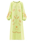 Pistachio Green Embroidered Linen Maxi Dress – Balloon Sleeves