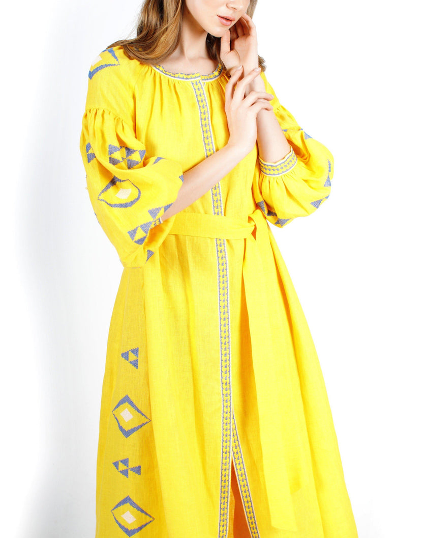 Saffron Yellow Hand-Embroidered Cross-Stitch Linen Kaftan Maxi Dress with Balloon Sleeves