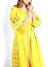 Saffron Yellow Embroidered Linen Maxi Dress – Balloon Sleeves