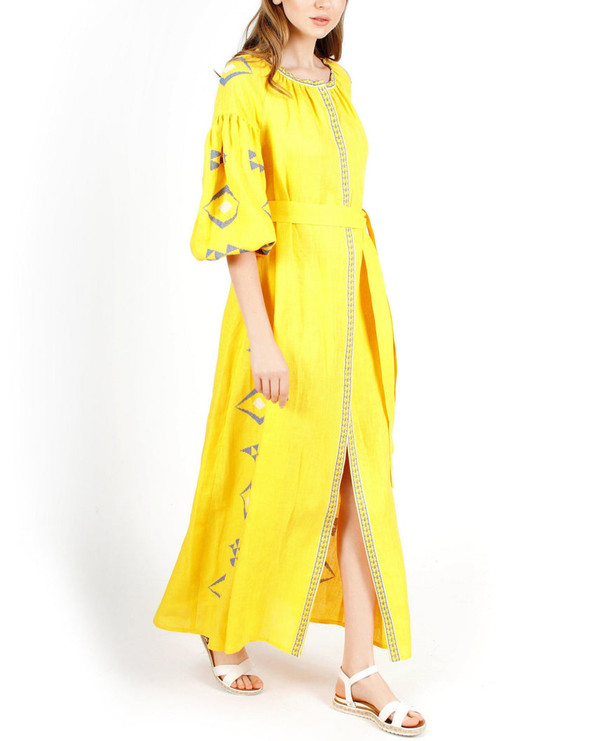 Saffron Yellow Hand-Embroidered Cross-Stitch Linen Kaftan Maxi Dress with Balloon Sleeves