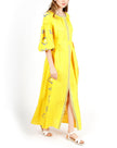 Saffron Yellow Embroidered Linen Maxi Dress – Balloon Sleeves