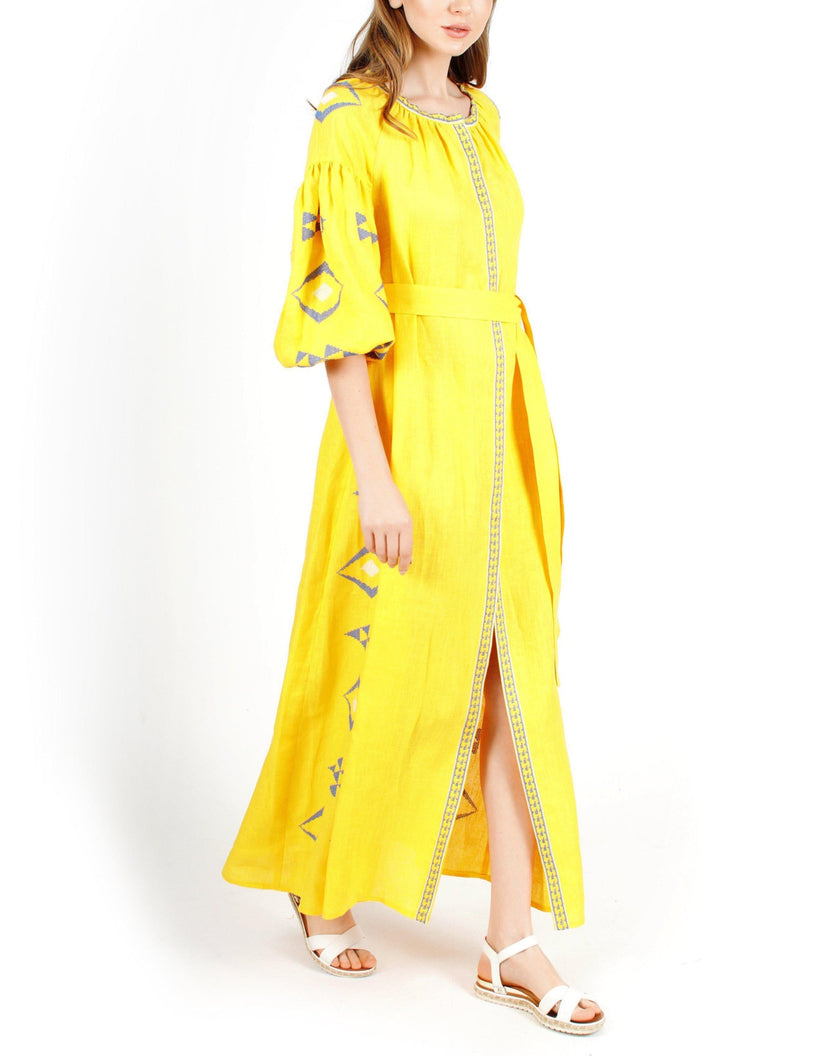 Saffron Yellow Embroidered Linen Maxi Dress – Balloon Sleeves