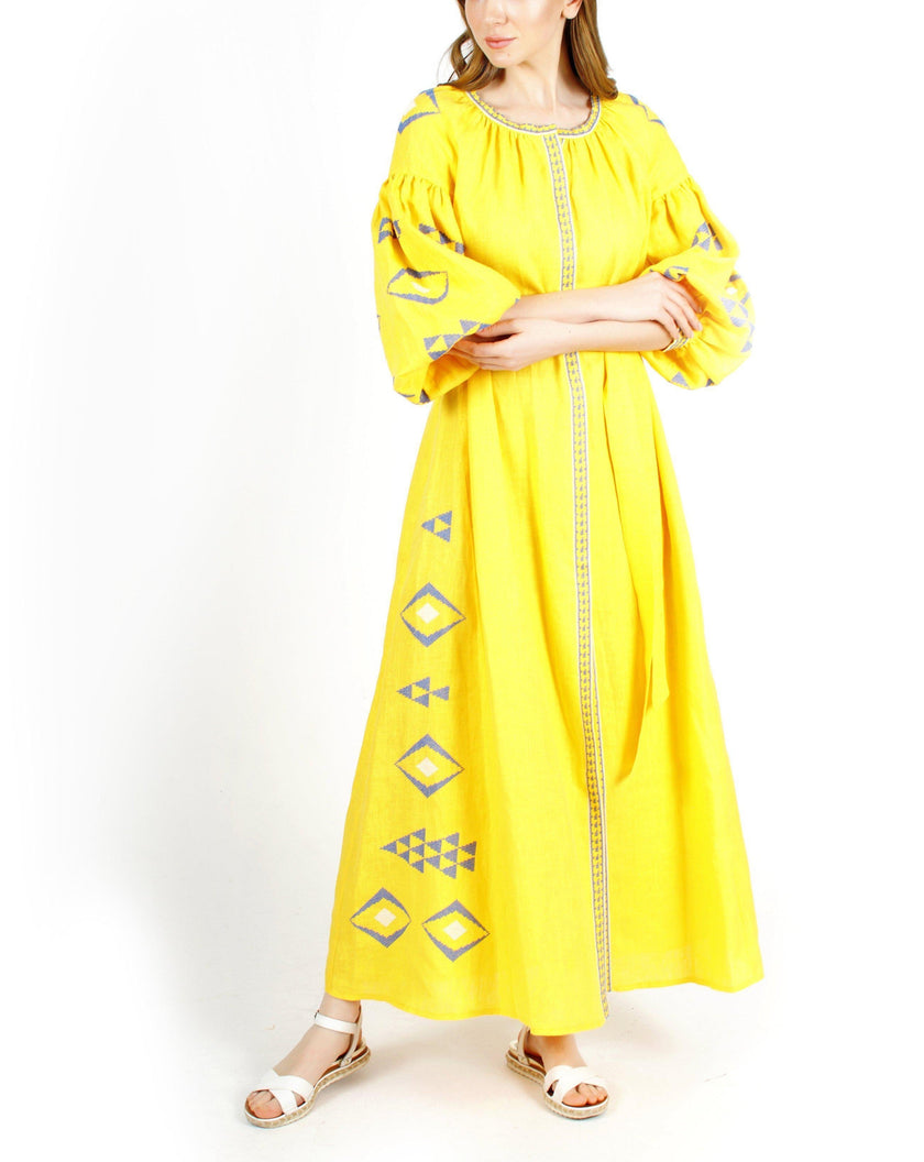 Saffron Yellow Hand-Embroidered Cross-Stitch Linen Kaftan Maxi Dress with Balloon Sleeves