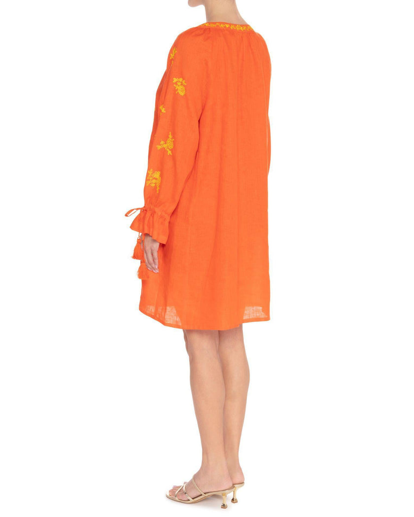 Pumpkin Orange and Yellow Floral Embroidered Linen Kaftan Mini Dress