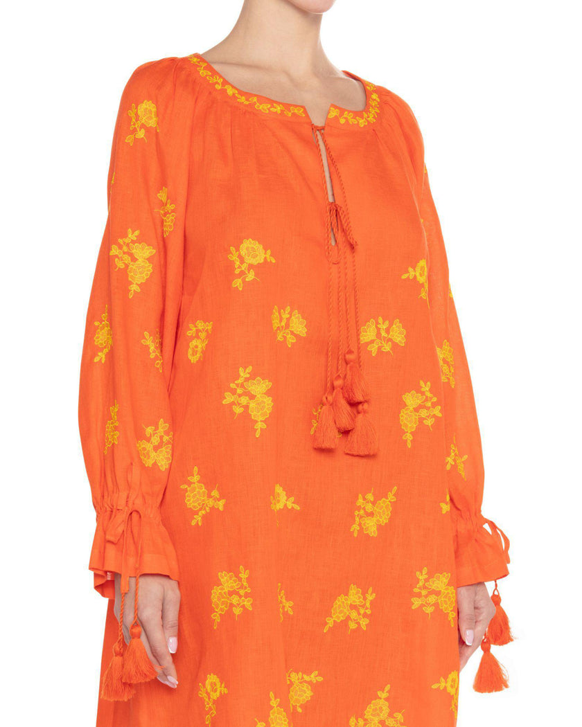 Pumpkin Orange and Yellow Floral Embroidered Linen Kaftan Mini Dress