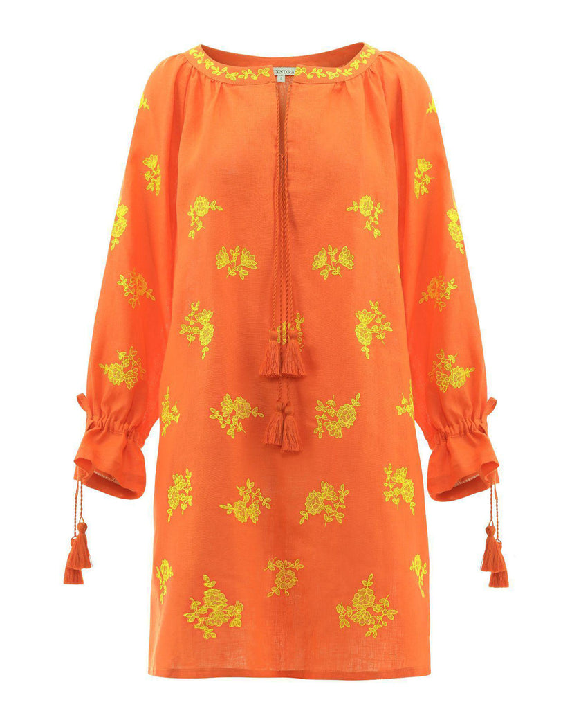 Pumpkin Orange and Yellow Floral Embroidered Linen Kaftan Mini Dress