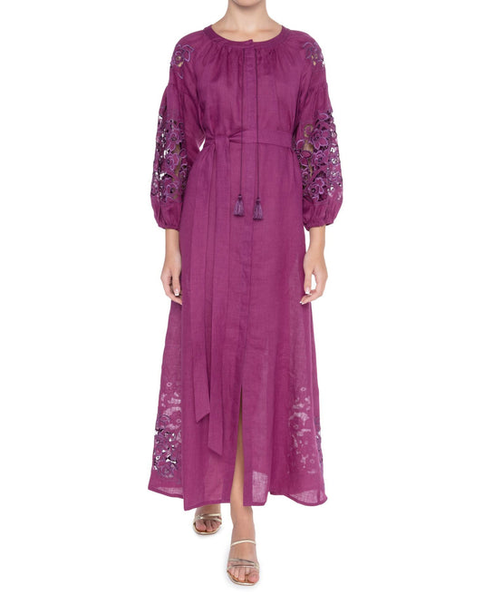 Plum Purple Embroidered Linen Maxi Dress – Balloon Sleeves