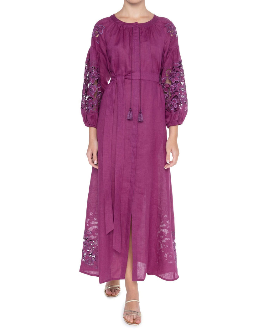 Plum Purple Floral Cutwork Embroidered Linen Kaftan Maxi Dress