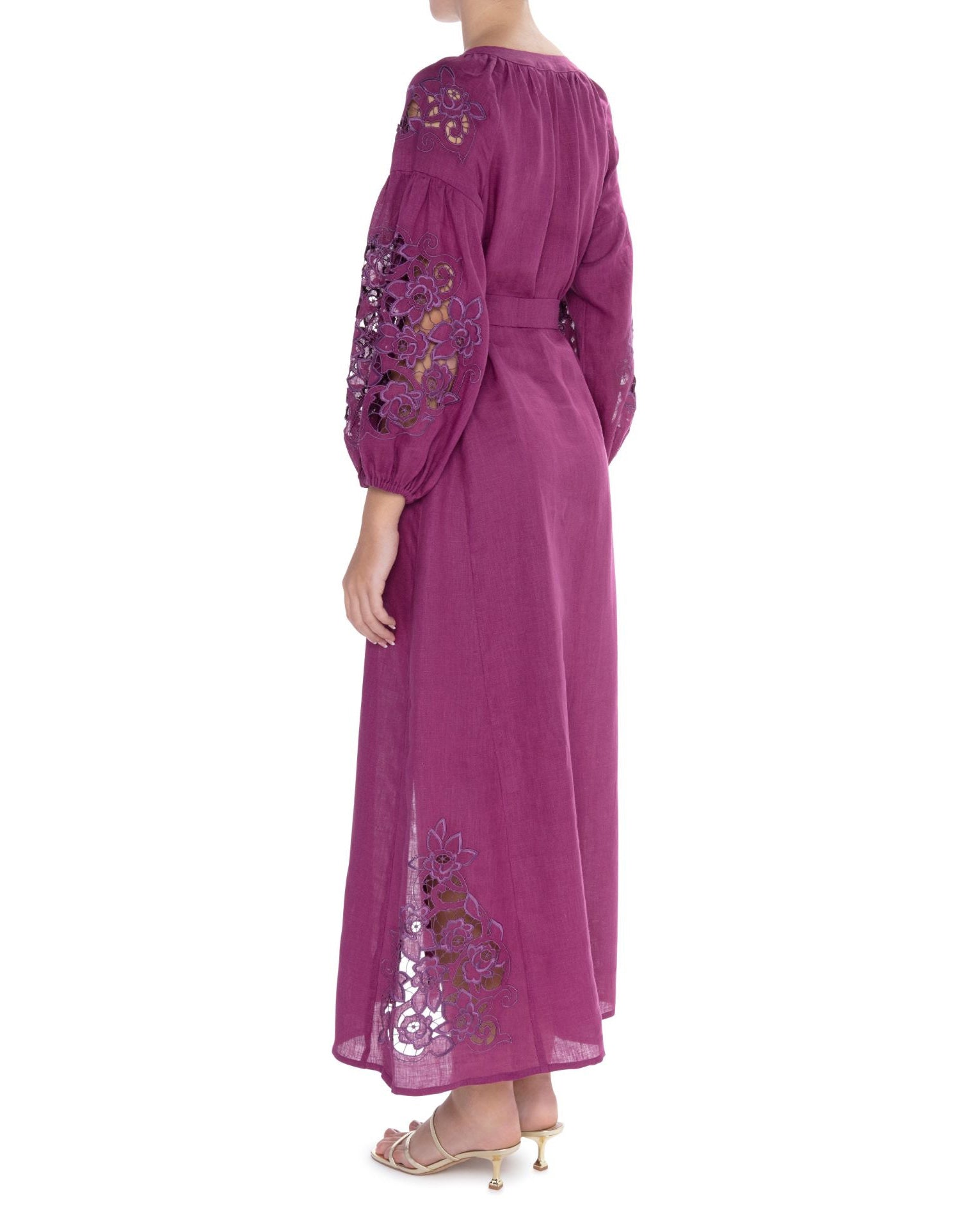 Plum Purple Embroidered Linen Maxi Dress – Balloon Sleeves