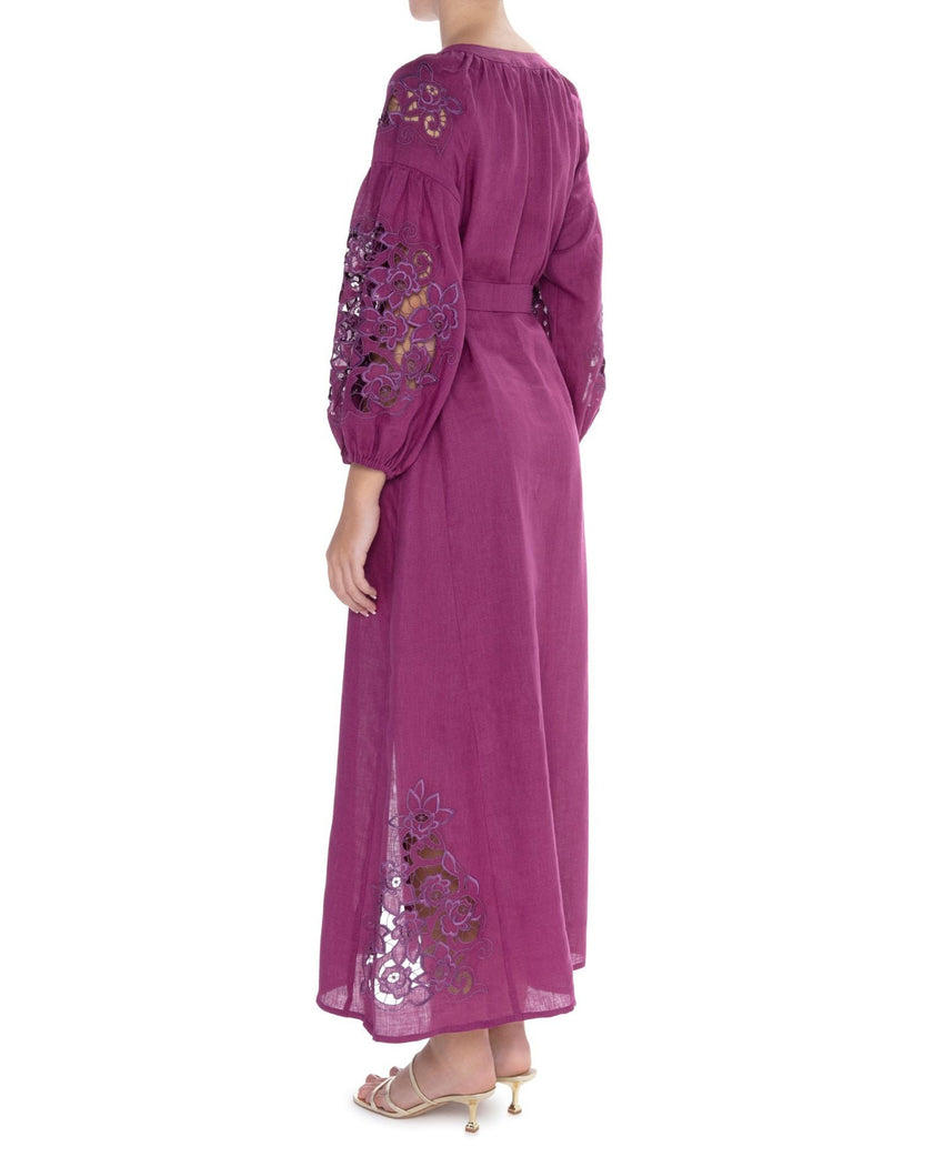 Plum Purple Hand Cut Embroidered Linen Maxi Dress | ZALXNDRA