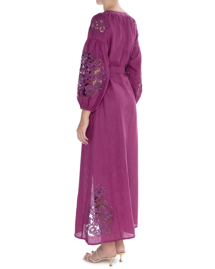 Plum Purple Floral Cutwork Embroidered Linen Kaftan Maxi Dress