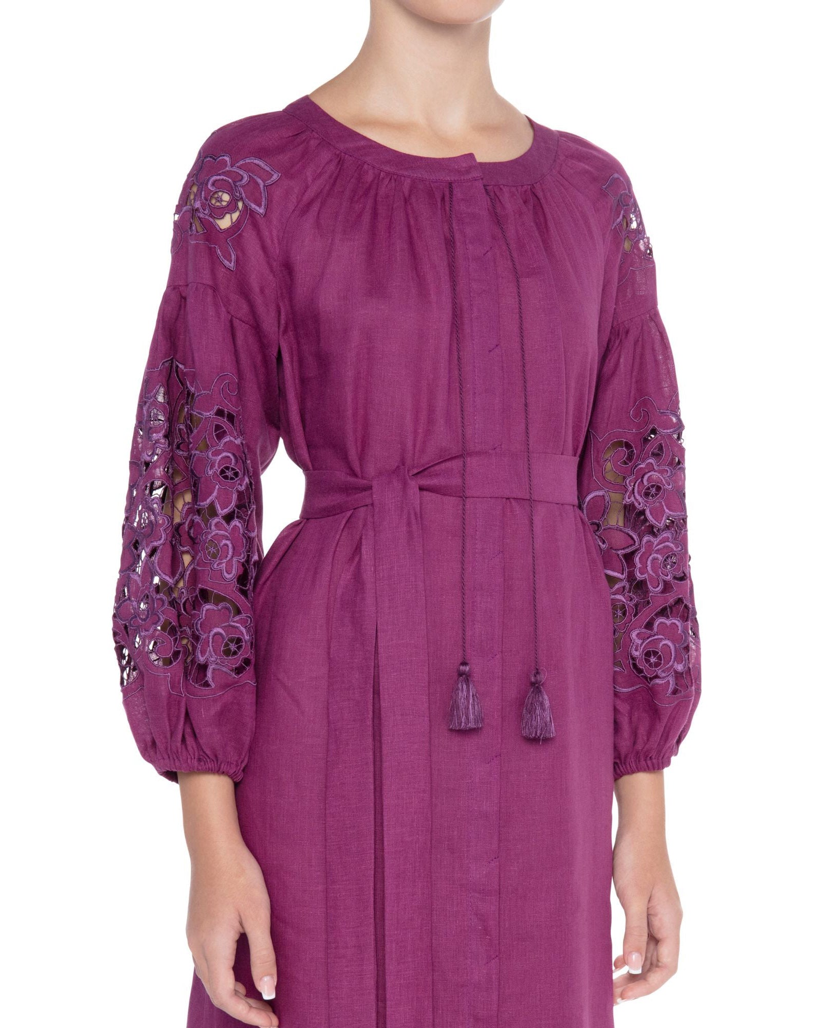 Plum Purple Embroidered Linen Maxi Dress – Balloon Sleeves