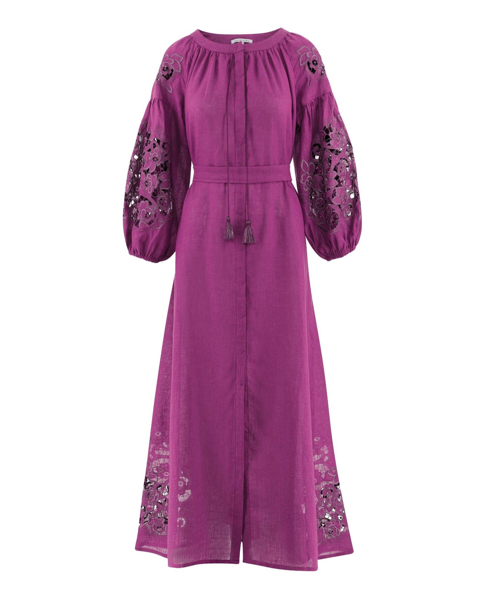 Plum Purple Embroidered Linen Maxi Dress – Balloon Sleeves