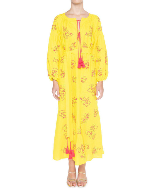 Lemon Yellow Embroidered Linen Maxi Dress – Balloon Sleeves
