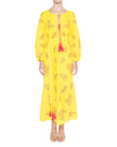 Lemon Yellow Embroidered Linen Maxi Dress – Balloon Sleeves