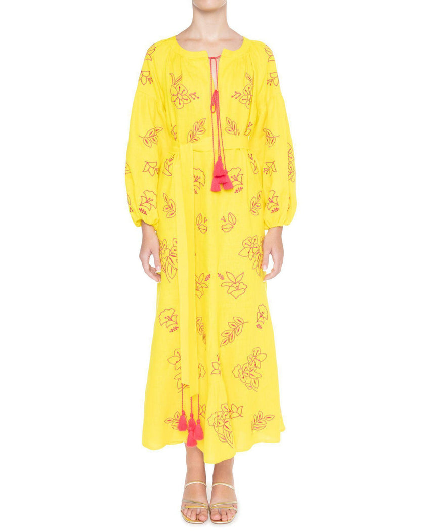 Lemon Yellow Pink Floral Embroidered Linen Kaftan Maxi Dress