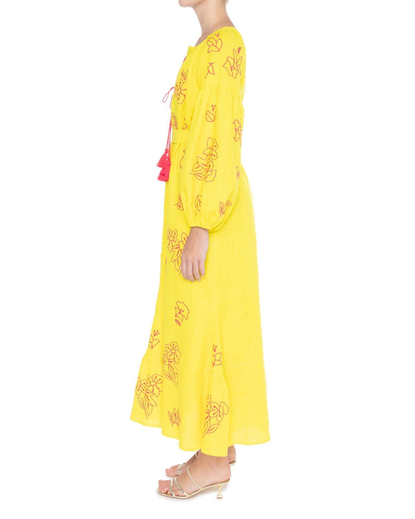 Lemon Yellow Embroidered Linen Maxi Dress | ZALXNDRA