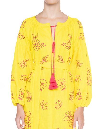Lemon Yellow Embroidered Linen Maxi Dress – Balloon Sleeves