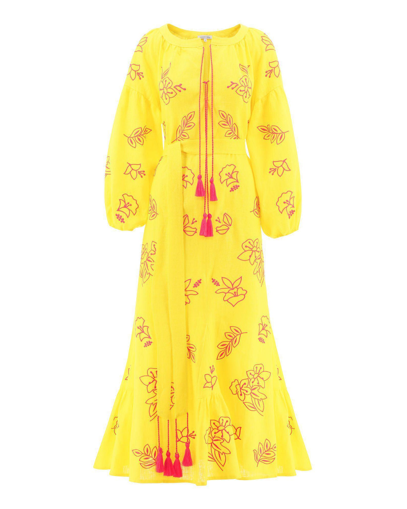 Lemon Yellow Embroidered Linen Maxi Dress – Balloon Sleeves