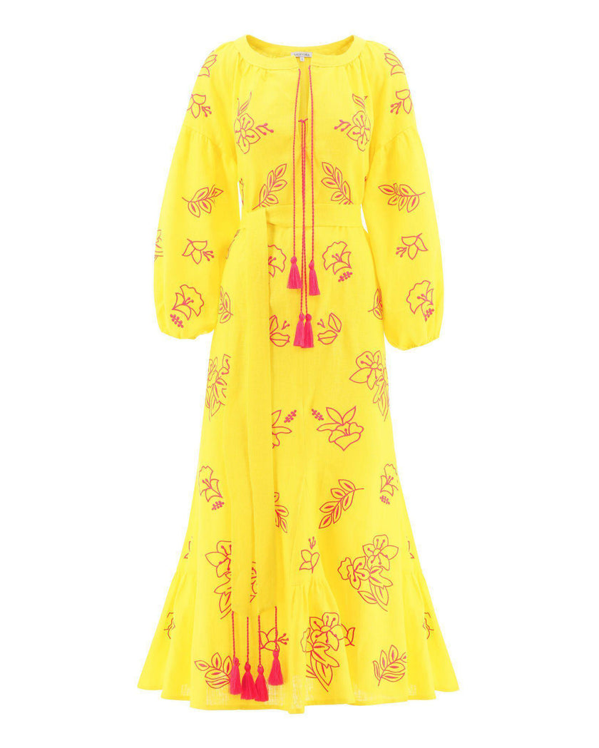 Lemon Yellow Pink Floral Embroidered Linen Kaftan Maxi Dress