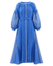 French blue linen kaftan maxi dress with white embroidery, balloon sleeves and self-tie belt, front view - Zalxndra Resort