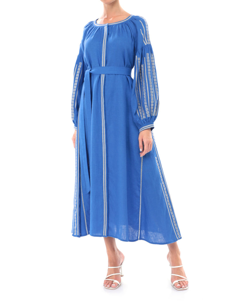 French blue linen kaftan maxi dress with white embroidery, balloon sleeves and self-tie belt, full-length view - Zalxndra Resort