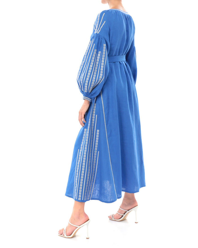 French blue linen kaftan maxi dress with white embroidery, balloon sleeves and self-tie belt, side profile view - Zalxndra Resort