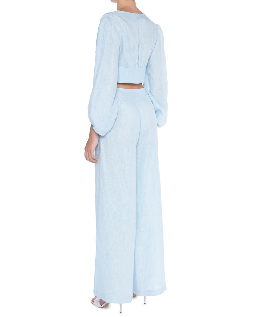 Baby Blue Linen V-Neck Crop Top and Palazzo Pants Co-ord Set