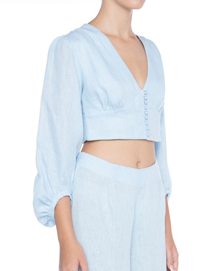 Baby Blue Linen V-Neck Crop Top and Palazzo Pants Co-ord Set